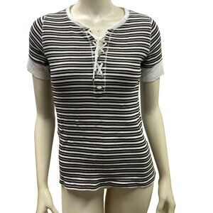 Lauren Ralph Lauren Womens Striped Lace-Up Short Sleeve‎ T-Shirt Top Size S